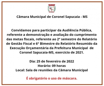 Audiência Pública referente demostração e avaliação do comprimento das metas fiscais . 