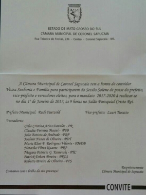 Convite de Sessão Solene de Posse do Prefeito e Vice-prefeito e vereadores eleitos